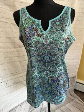 Teal & Blue Mandala Medallion Tank Top | Split Neck | Turquoise Trim | Boho